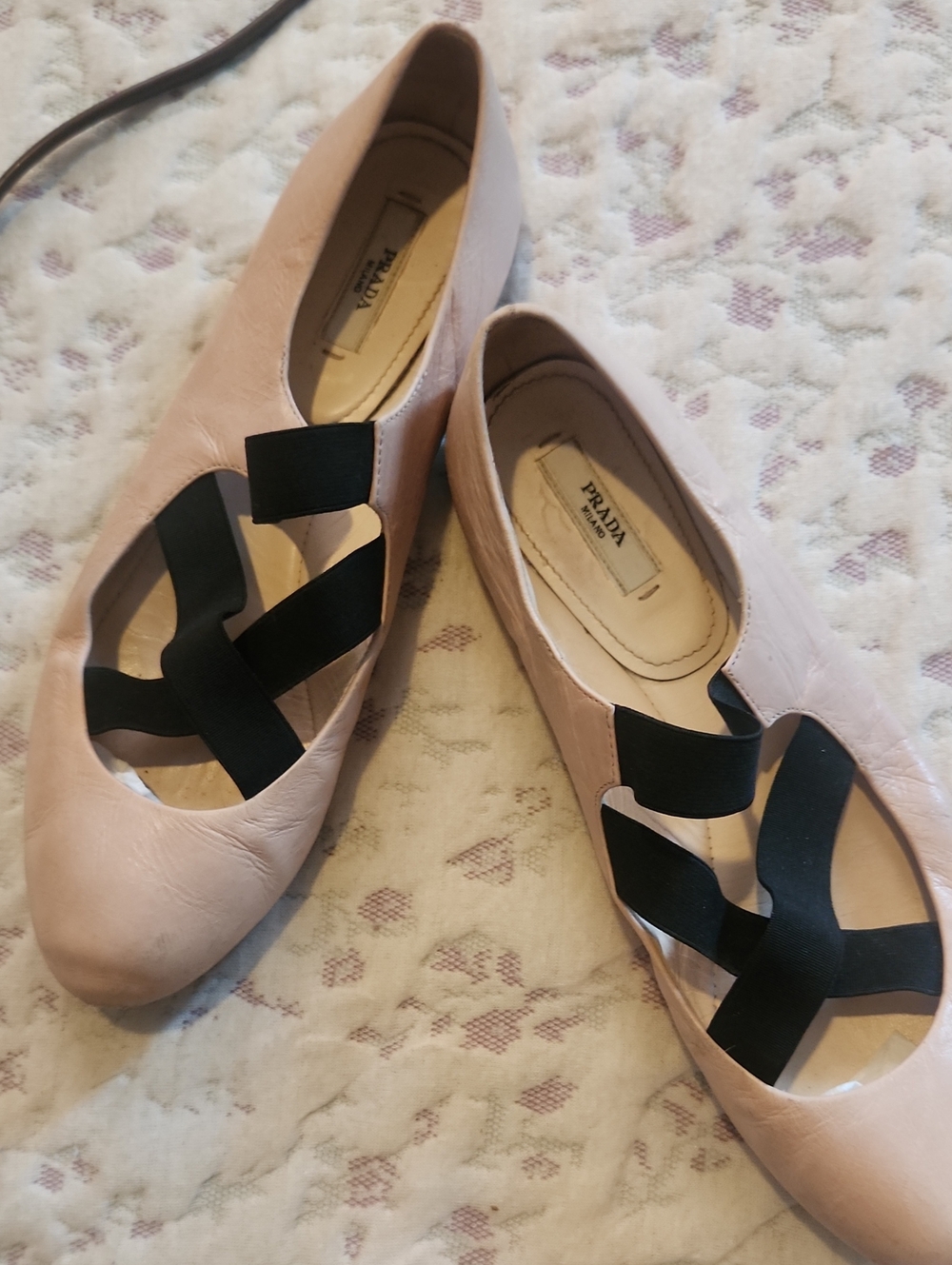 Prada Pink Leather Ballet Flats with Black Elastic Cross Straps